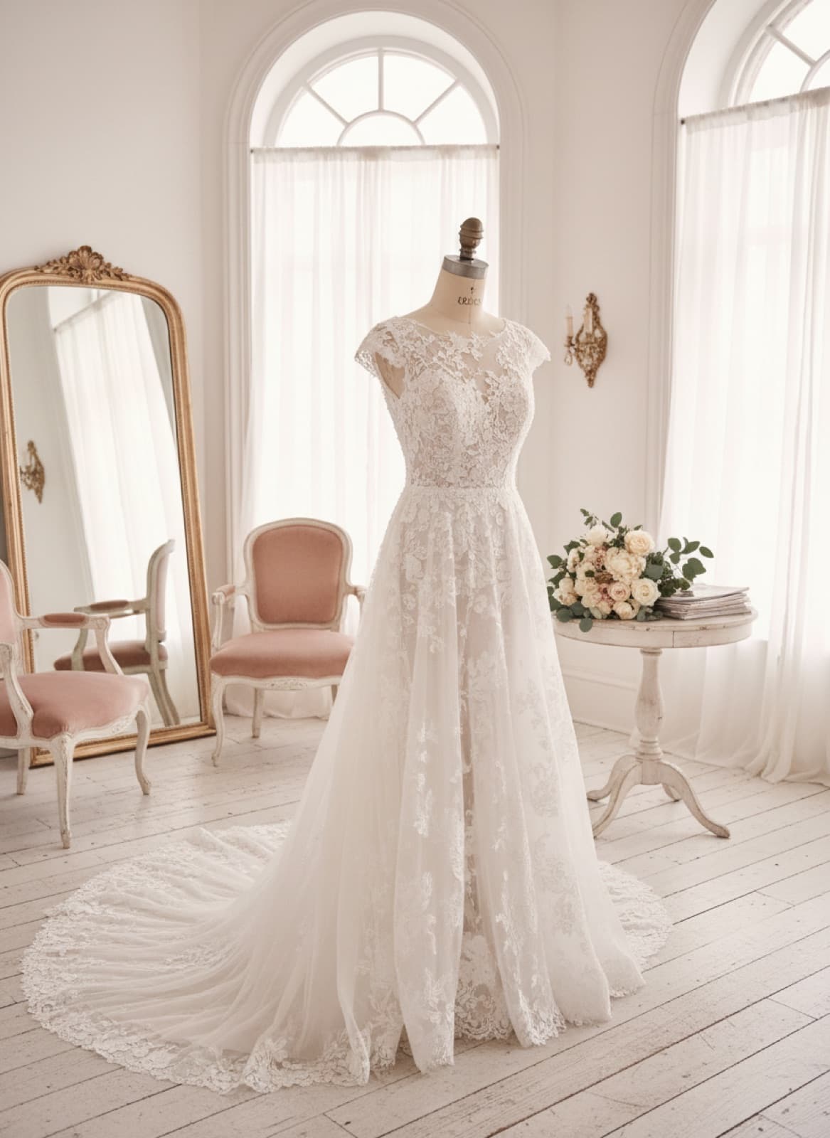 Ivory wedding gown with lace detail on a dress form in the studio
