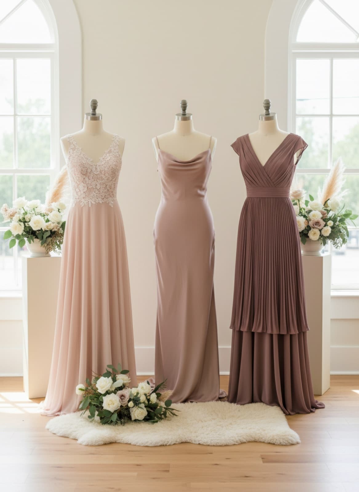 Row of matching bridesmaid dresses hanging in the studio