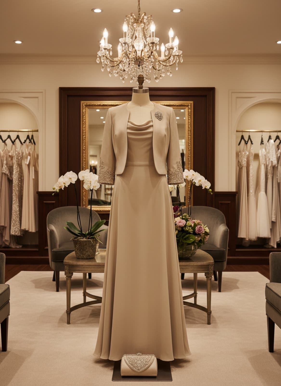 Formal mother of the bride dress and jacket on a dress form